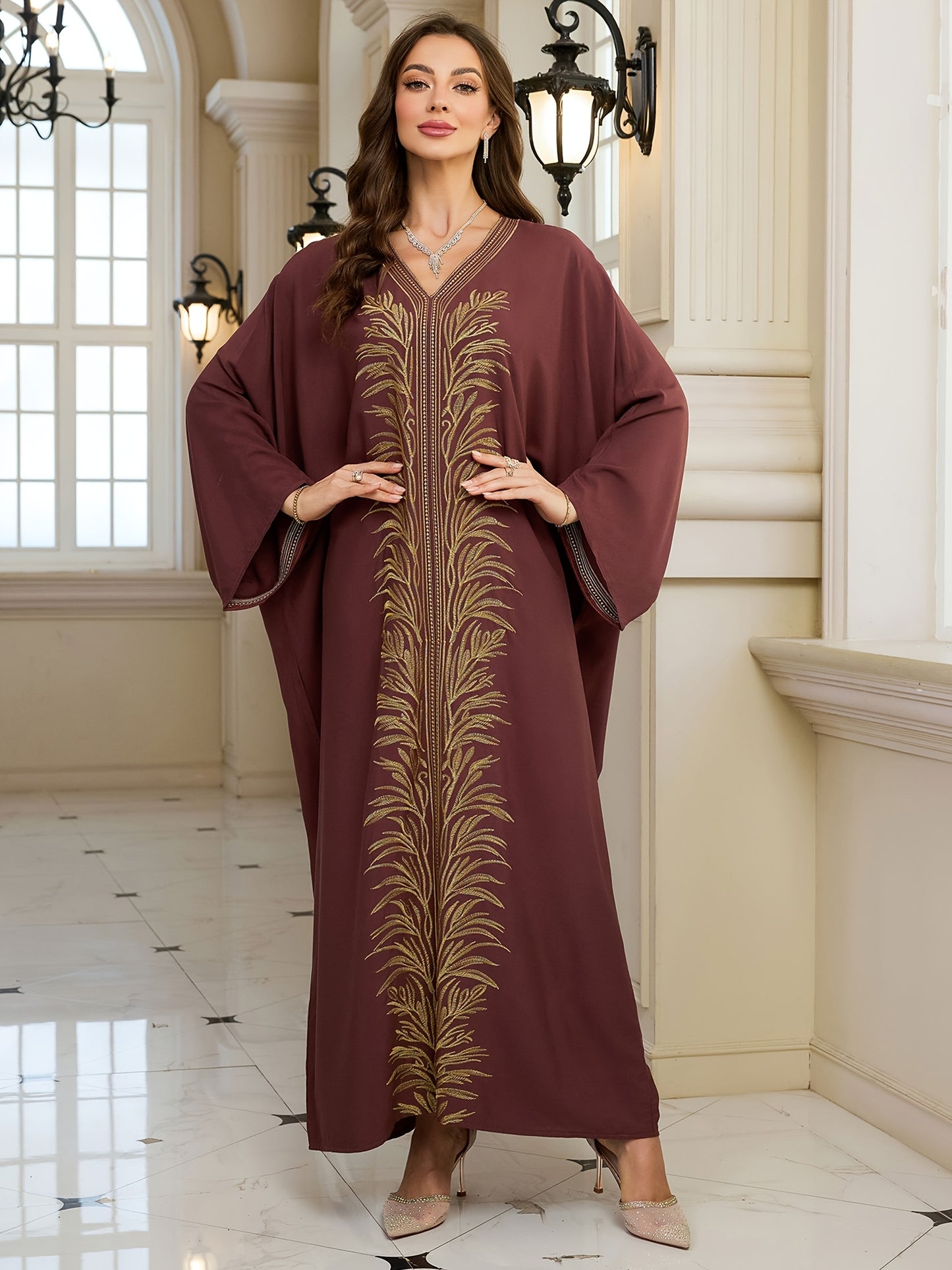 Women's Golden Floral Embroidered V-Neck Batwing Sleeve Kaftan Robe - Loose Fit Plus Size Long Dress for Ramadan Eid Beach Vacation, Middle Eastern Cover Up, Muslim Abaya Dress