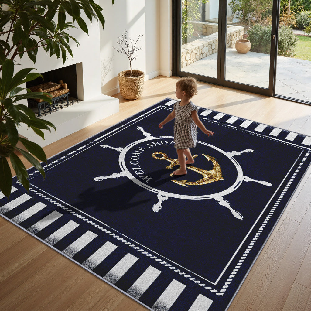Floor Mat, Machine Washable Nautical Style Fade-Resistant Soft Dark Blue with Golden Anchor Pattern, Suitable for Living Room Bedroom Office Home Decoration, Large Size.Inch Thanksgiving Gift Autumn