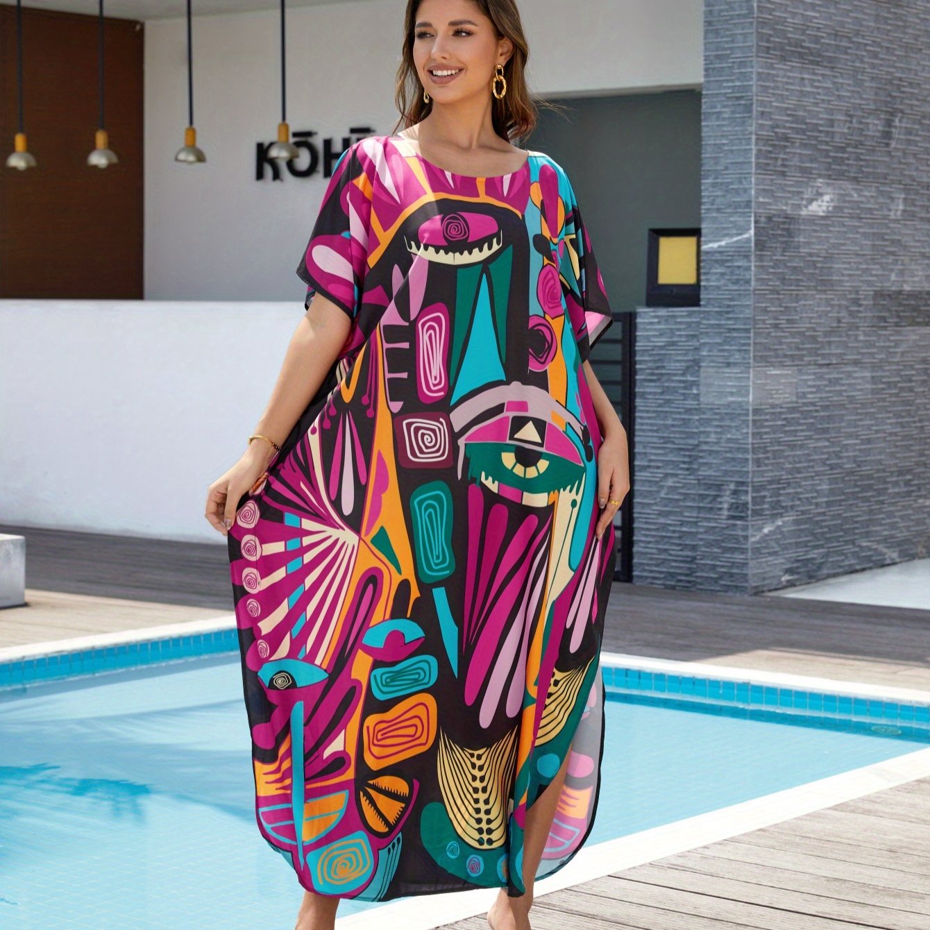 Women'S Plus Size Round Neck Short Sleeve Kaftan Dress Swimwear Tunic for Poolside & Tropical Vacation, Loose Fit Boho