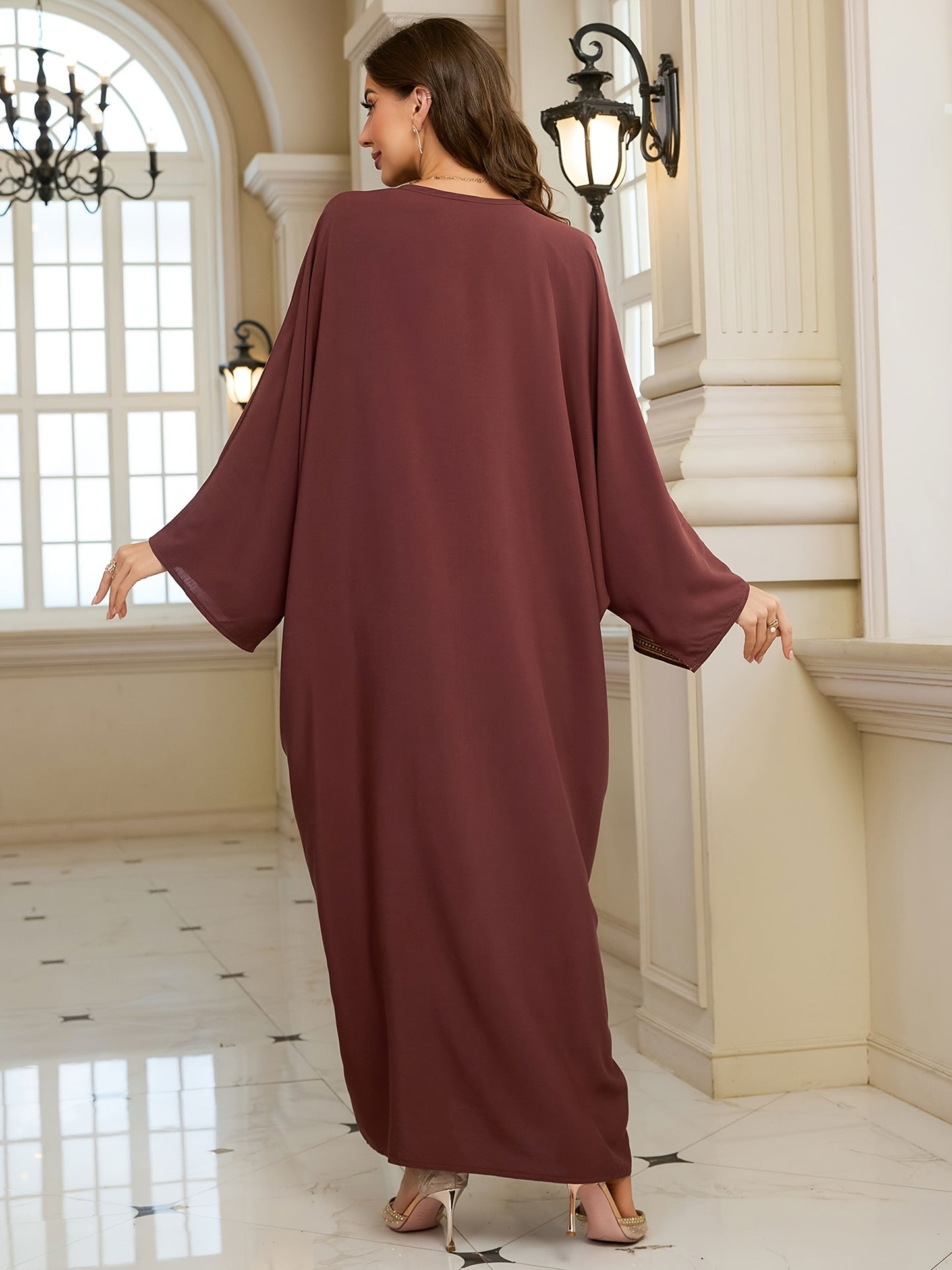 Women's Golden Floral Embroidered V-Neck Batwing Sleeve Kaftan Robe - Loose Fit Plus Size Long Dress for Ramadan Eid Beach Vacation, Middle Eastern Cover Up, Muslim Abaya Dress