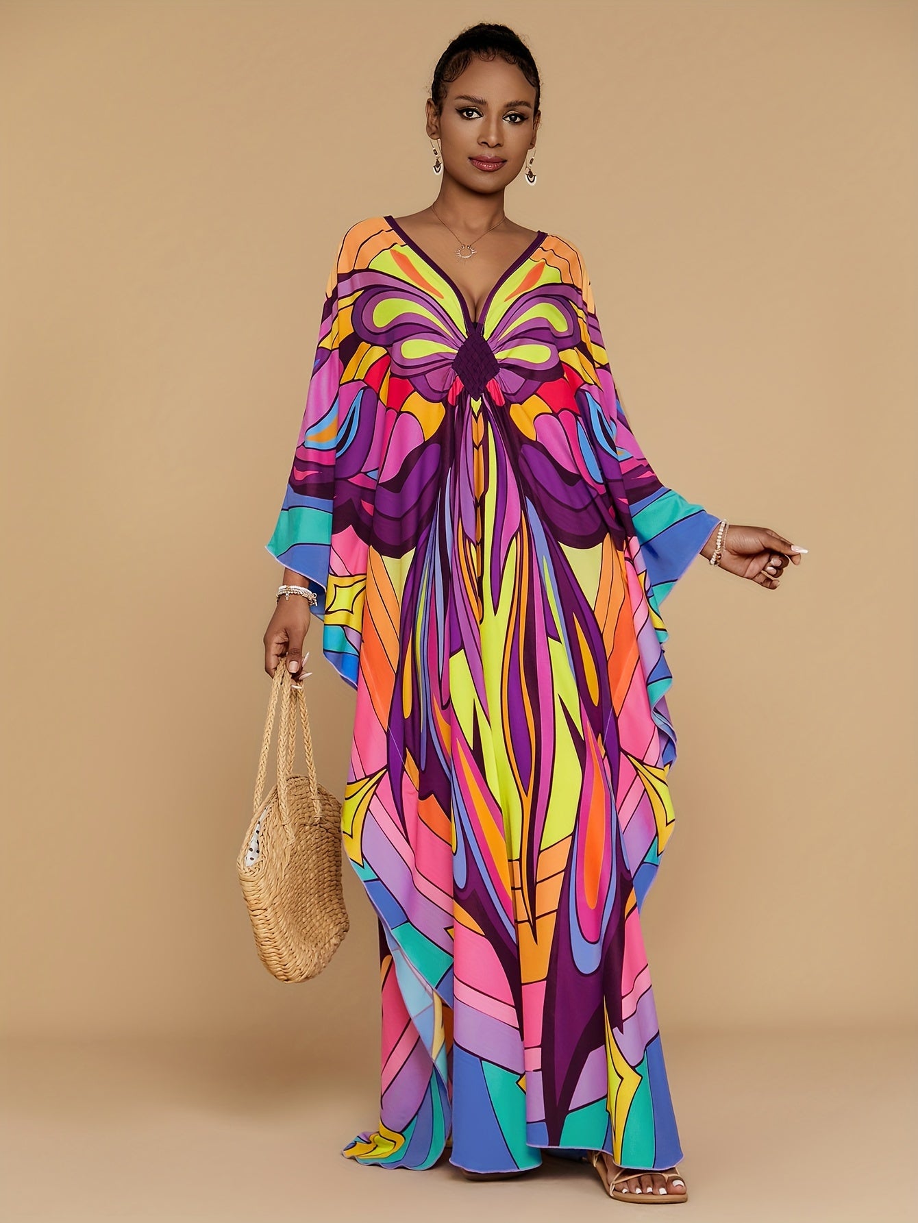 Vibrant Bohemian Kaftan Dress - Four-Sided Elastic V-Neck, Bat Sleeves, Beach Cover-Up