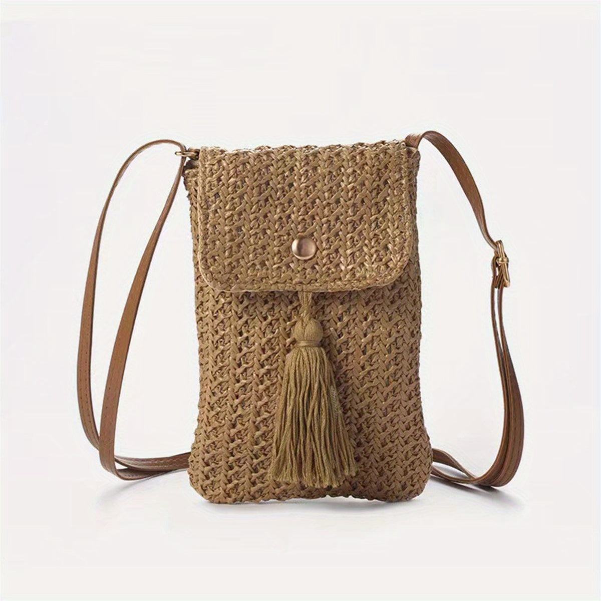 Women's Chic Beige Woven Crochet Crossbody Bag with Adjustable Strap, Tassel Detail & Magnetic Closure - Lightweight Fabric Phone Purse