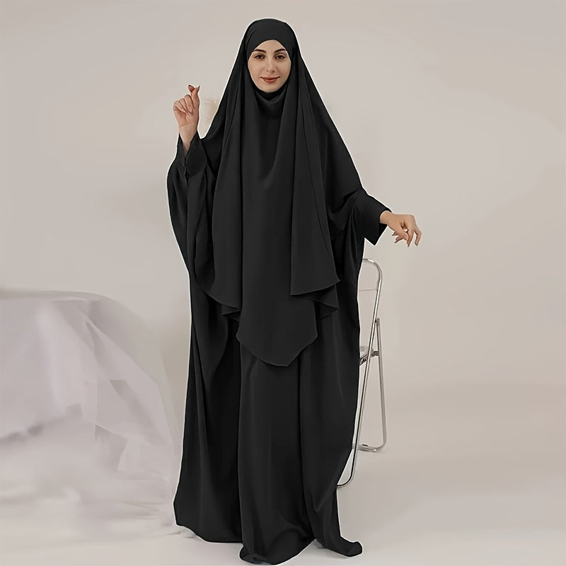 2pcs Solid Color Muslim Prayer Set, Convenient Zipper Khimar Abaya with Simple Headscarf Hijabs - Essential Fashionable Outing Essentials