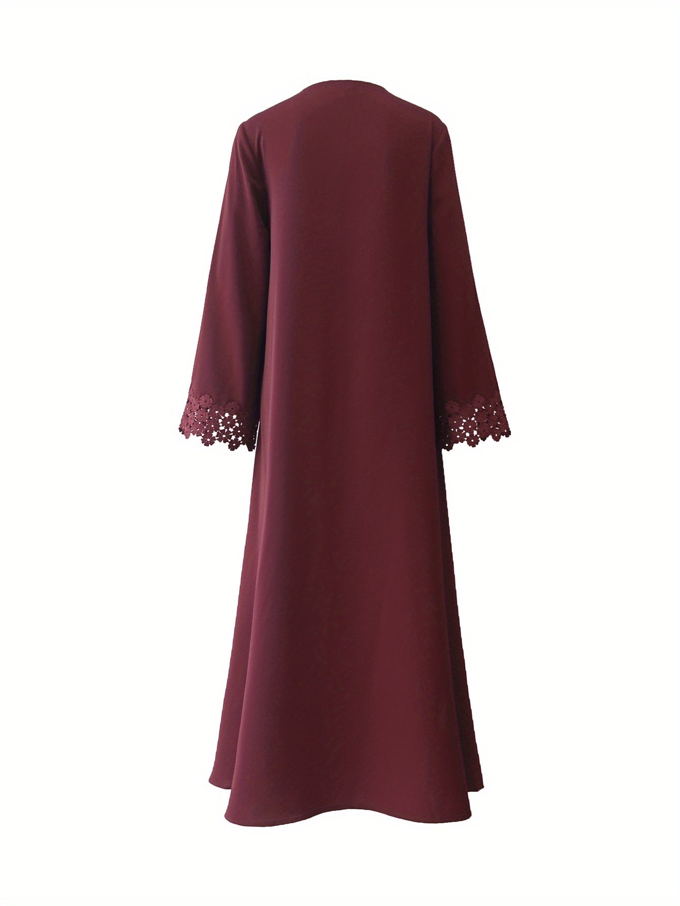 Elegant Women's Red Abaya Robe with Intricate Lace Detailing - Long Sleeve, Open Front, Loose Fit for Spring, Summer, and Fall - Perfect for Casual or Formal Occasions, Cultural Attire, Flowing Garment