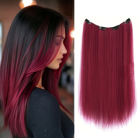 22Inch Long Straight Colorful Synthetic Hair Extensions - Invisible Clip-In, High Temperature Resistant, Easy to Wear for Women, Perfect for Parties & Holidays, Burgundy Hair Additions