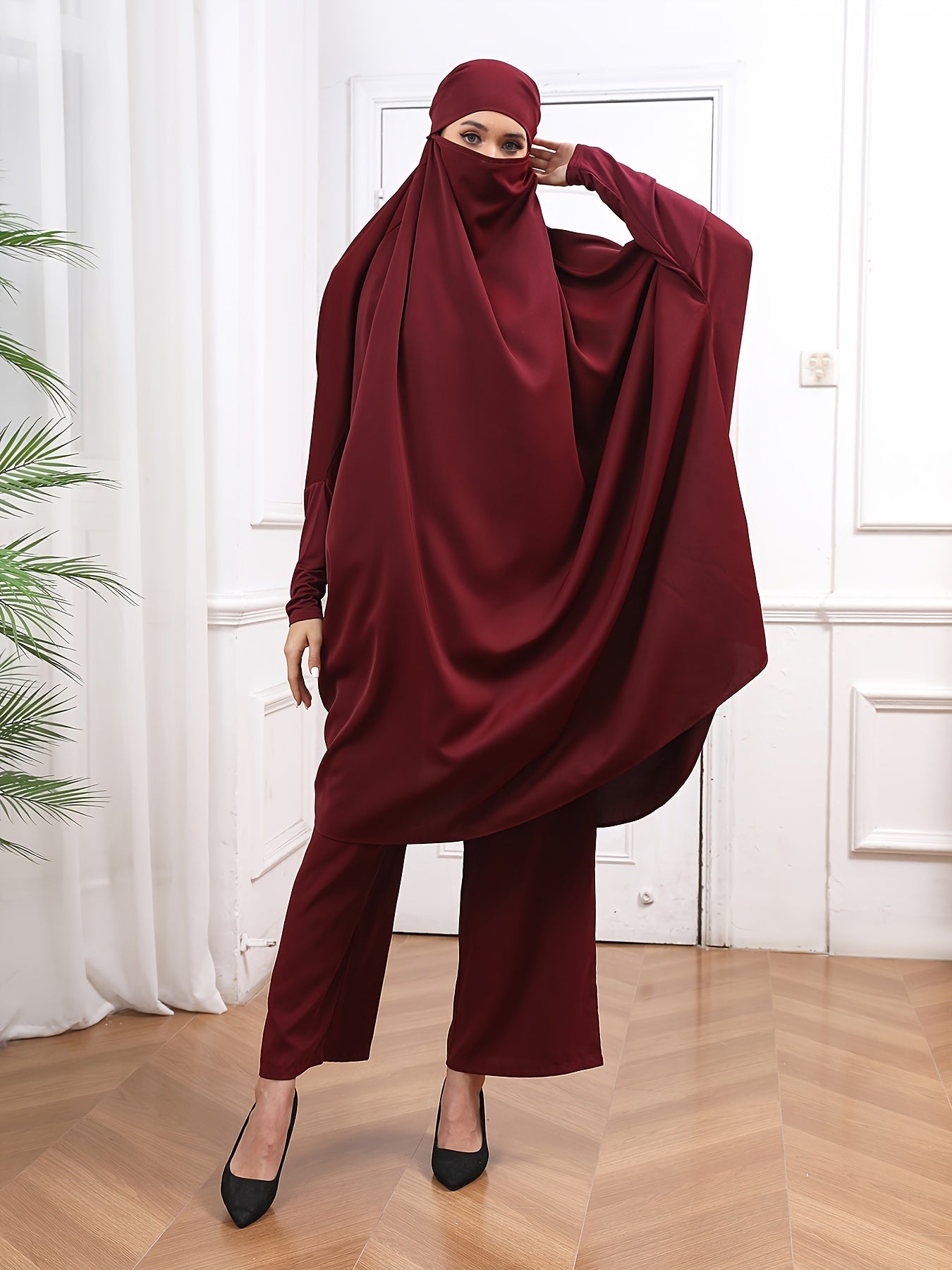 Women's Abaya Long Jilbaab Dress with Hijab Islamic Prayer Outfit 2pcs Set