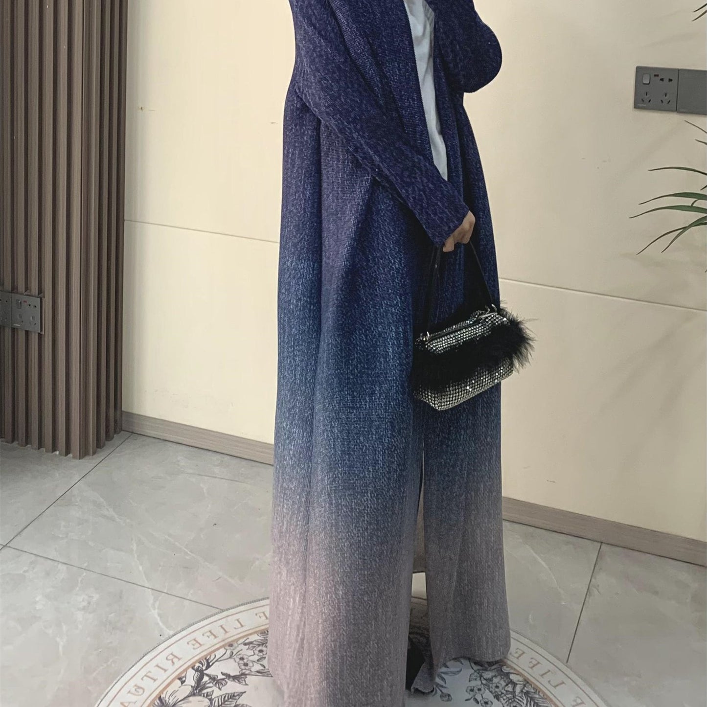 Miyake Women's Arab Noble Style Abaya Robe - High Stretch Pleated Long Sleeve Cloak with Adjustable Waist Belt, Geometric Print Ombre Blue to Grey, Machine Washable Lightweight Luxury for Eid
