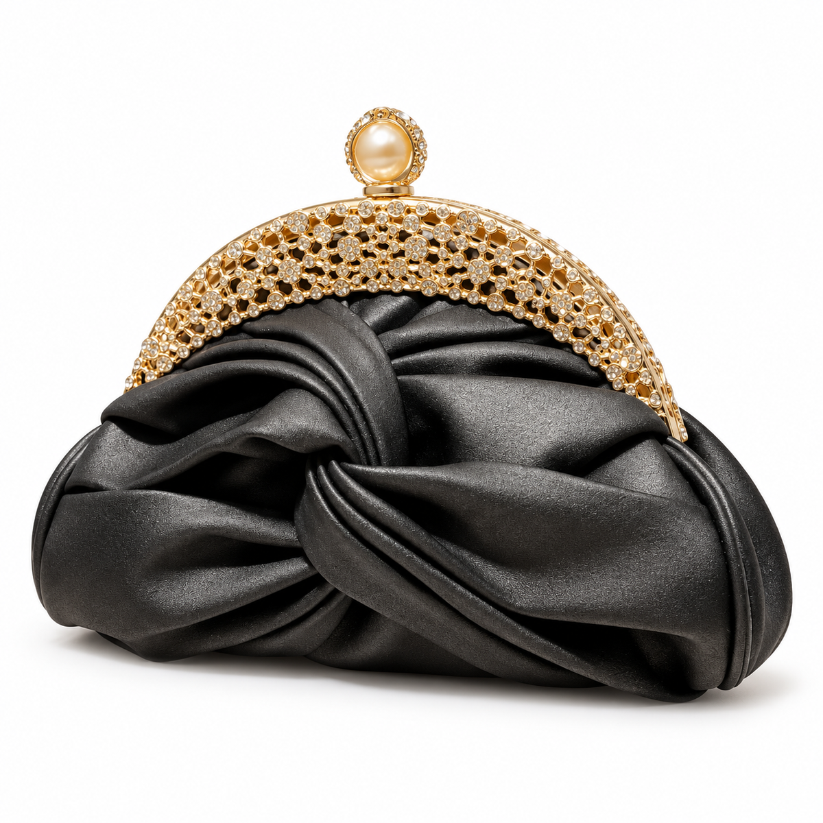 Black Ruched Crystal Frame Evening Clutch