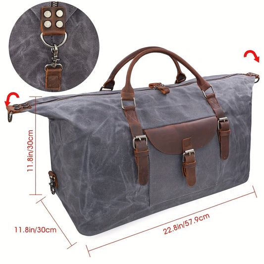 Vintage Leather Duffel Bag Men's High Quality Oversized Canvas & Leather Travel Duffel Bag | Adjustable Straps, Multiple Compartments, Detachable Toiletry Bag
