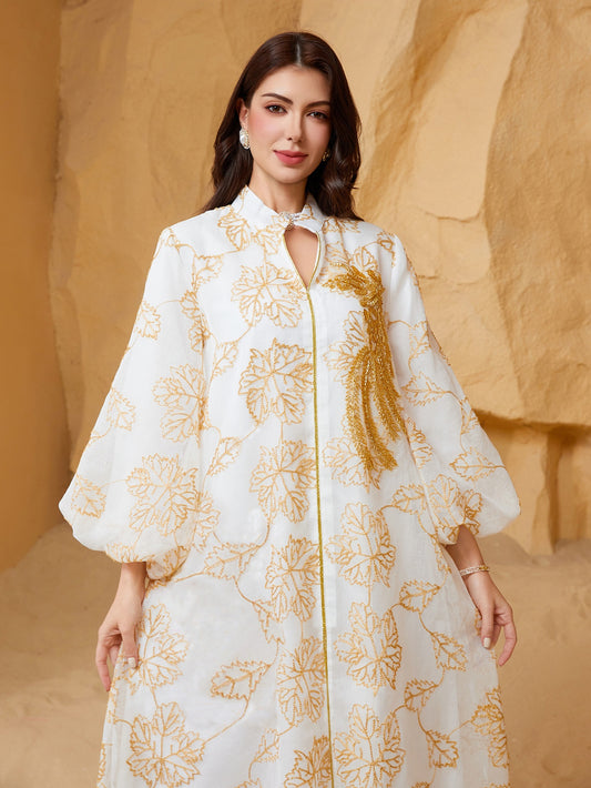 Oriental Style Regular Formal Dress Women's Abaya with Sequins and Mesh Stand Collar, Light Luxury Evening Gown for Festive Occasions - Turkish Jalabiya