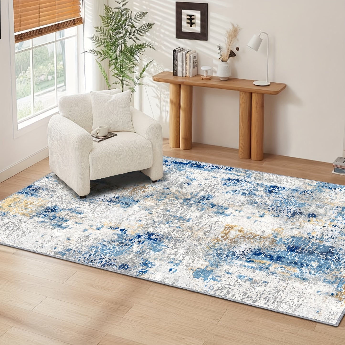 1pc Modern Moroccan Boho Rug - Neutral Blue & Brown Low-Pile Carpet Suitable for Living Room, Bedroom, Office - Machine Washable Soft Indoor Boho with Neutral Tones
