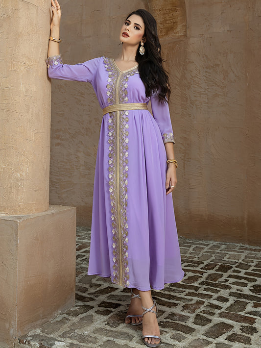 Women's Elegant Middle Eastern Turkish Abaya - Solid Color 100% Polyester with Lace Trim & Golden Accents, Long Sleeve Loose Fit for All-Season Wear, Hand Wash Only