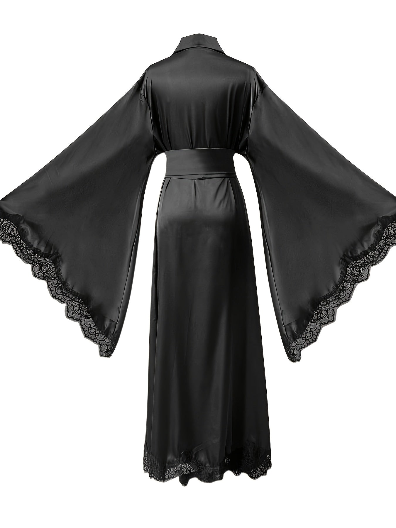 Women's Black Satin Robe - Elegant Long Lace Kimono, Lightweight Bridal Sleepwear for Wedding Day, Polyester, Contrast Lace Detail, Bride Lingerie