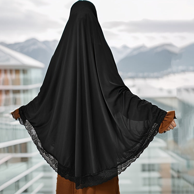 Elegant Muslim Khimar Abaya with Lace Trim - Lightweight Polyester, Breathable & Wind Shielding, Machine Washable Smooth Solid Color Design for Casual & Outdoor Wear, & Versatile Styling, Hijab Scarf