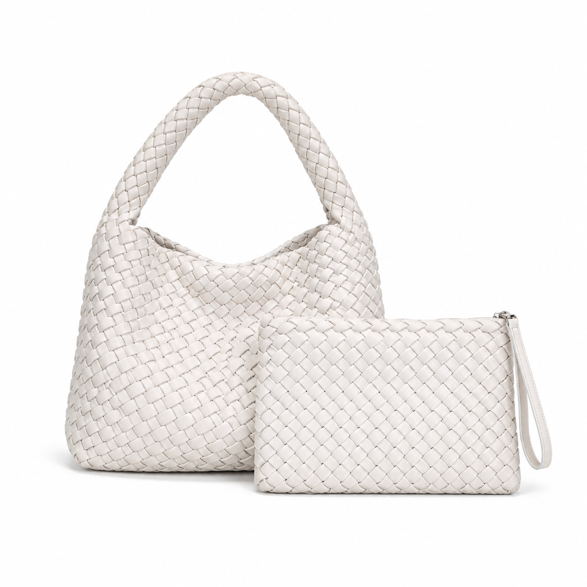 Ivory Woven Hobo Bag With Pouch