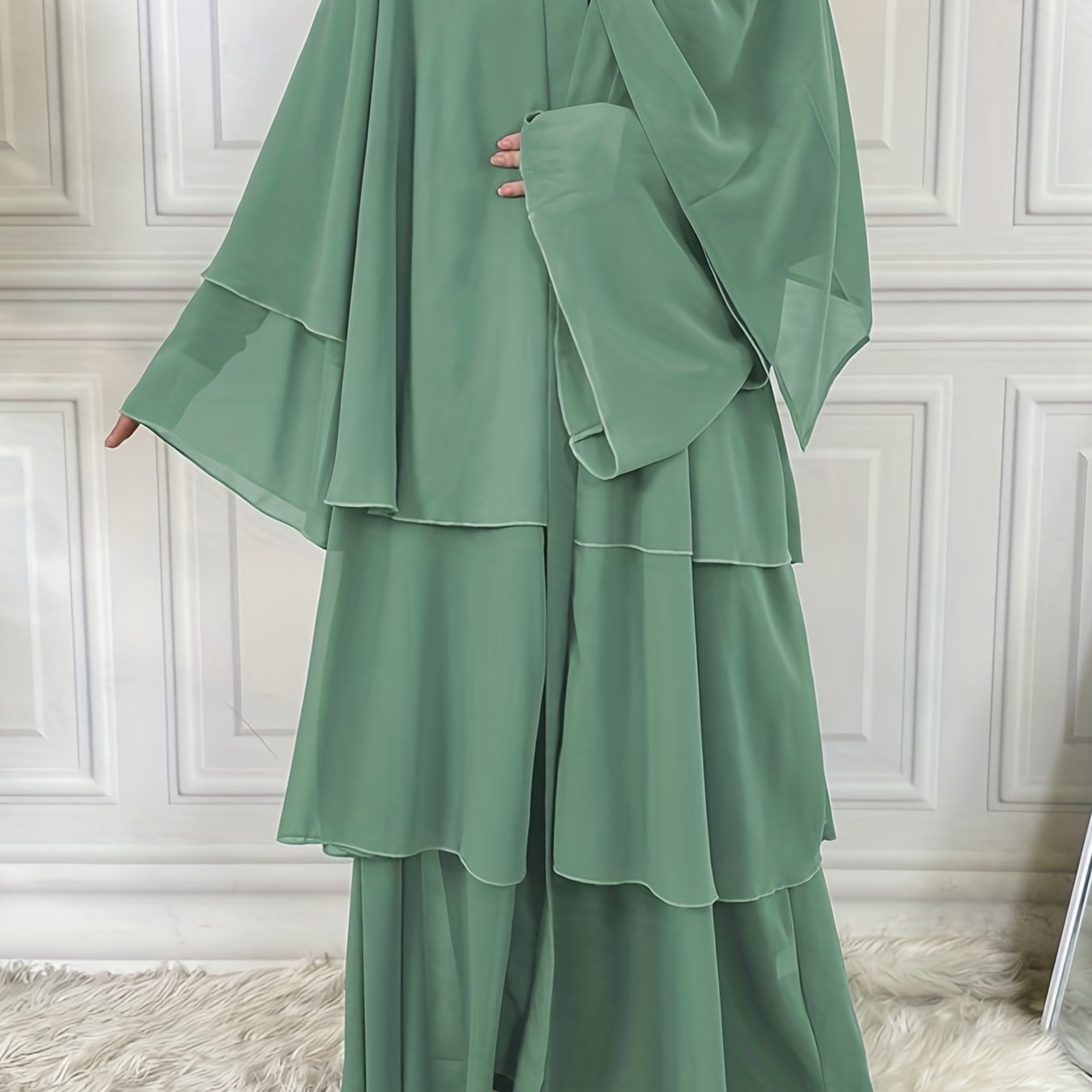 Ramadan Layered Open Front Modest Pakistani Abaya, Long Sleeve Muslim Dress With Belted, Without Hijab, Women's Clothing
