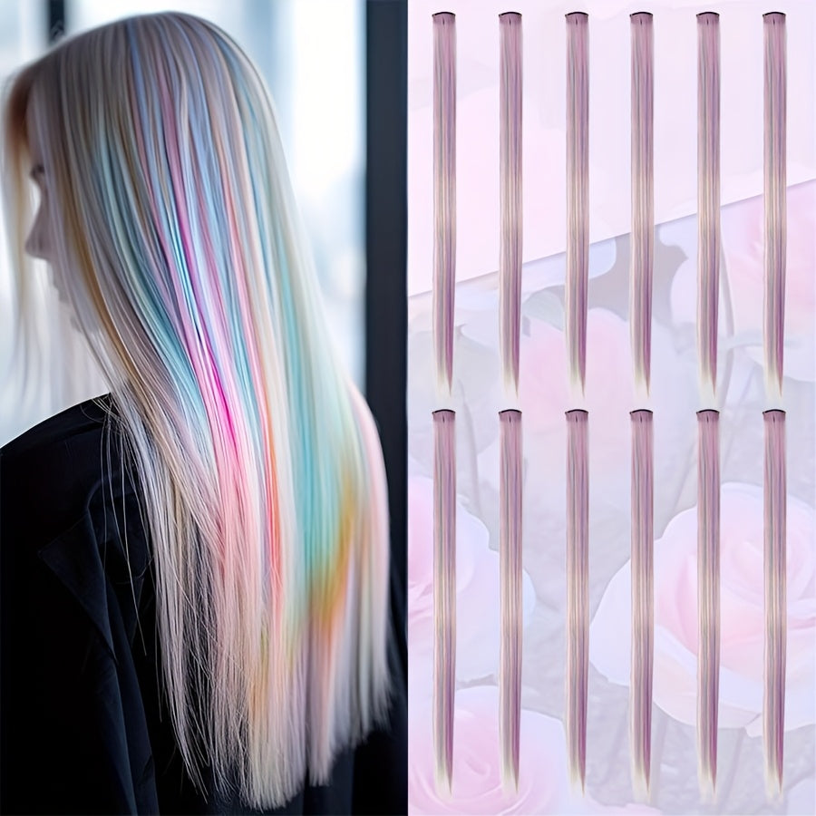 12pcs Rainbow Clip-In Hair Extensions - Vibrant Pastel Colors (Pink, Green, Yellow, Purple, Orange, Red, Brown, ) - Heat-Resistant Synthetic, Easy Application & Damage-Free Styling - Perfect for Parties, Photo Shoots, Festiva