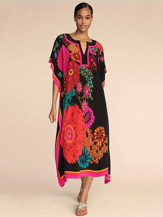 Women's Boho Style Cover Up, Plus Size Floral Pattern V Neck Loose Fit Vacay Beach Kaftan Dress