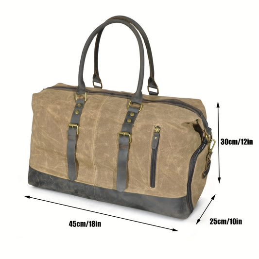 [Leather Travel Bag] Leather Canvas Travel Luggage Tote Duffle Gym Suitcase Weekender Overnight Bag For Men Male 8154