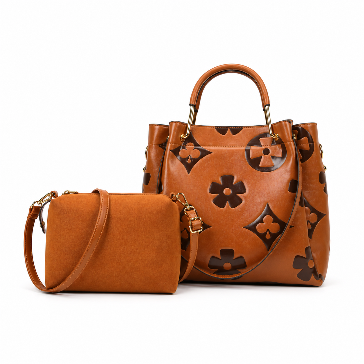 Brown Floral Embossed Tote Crossbody Set