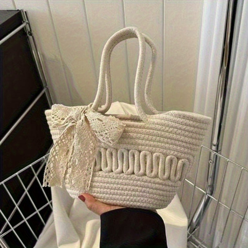 Handbag Women's Straw Basket Handmade Bag Holiday Picnic Spring Trip Photo Beach Bag Single Shoulder Woven Small Bag Elegant Lady