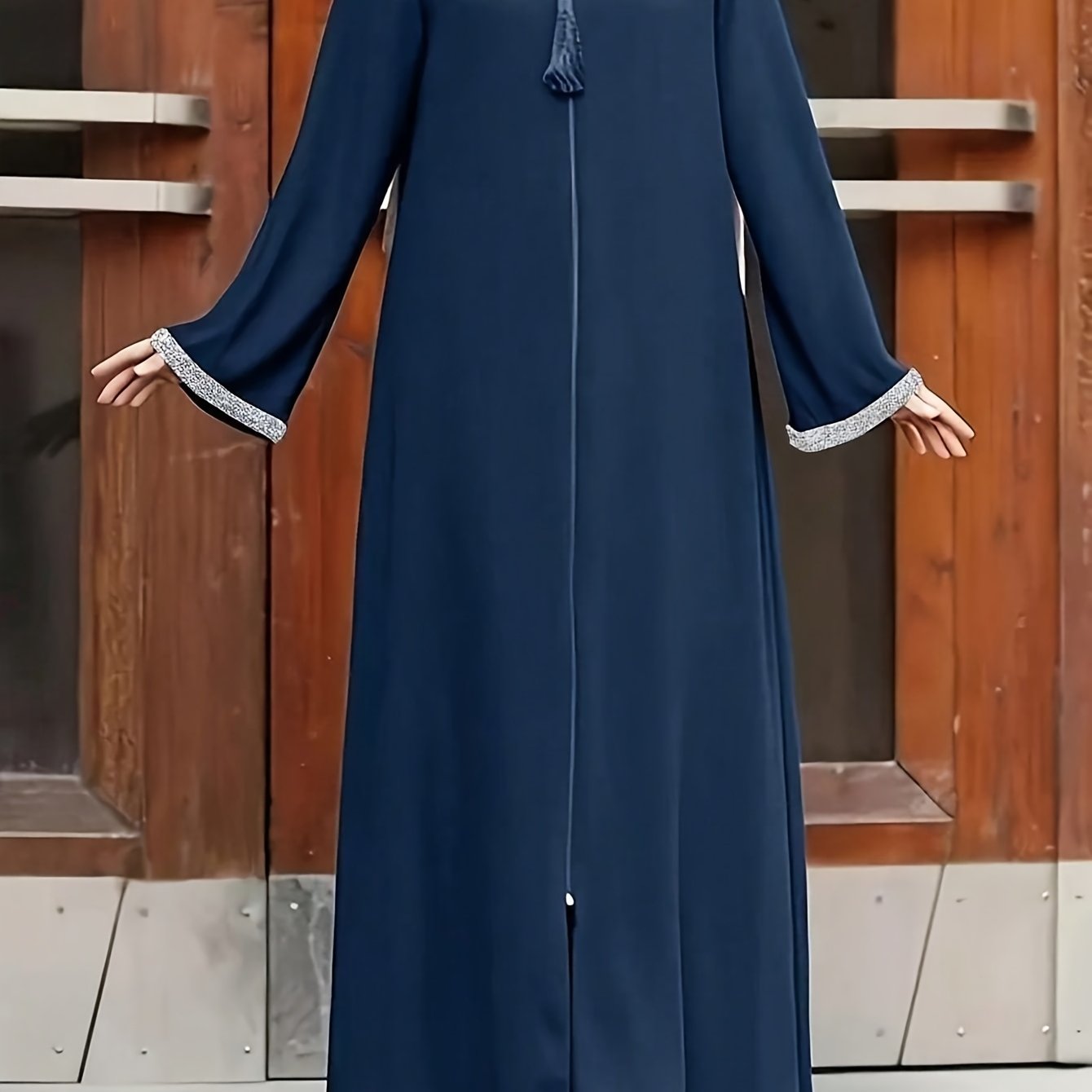 Women's Traditional Moroccan-Style Long Baju Abaya with Zipper Closure - Solid Color, Loose Fit, Round Neck, Polyester, Casual Wear, Casual Wear|Traditional Robe|Polyester Dress