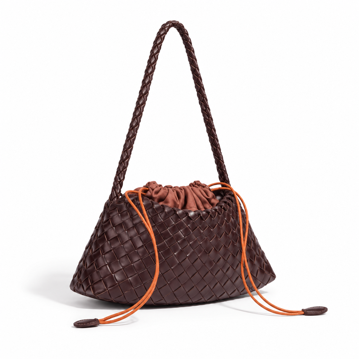Chocolate Brown Woven Drawstring Shoulder Bag