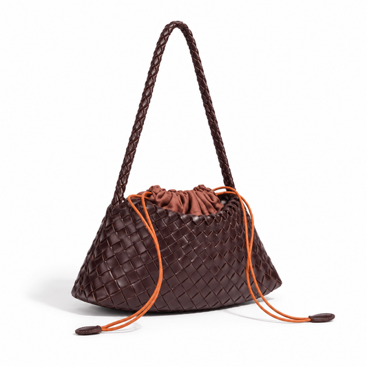 Chocolate Brown Woven Drawstring Shoulder Bag