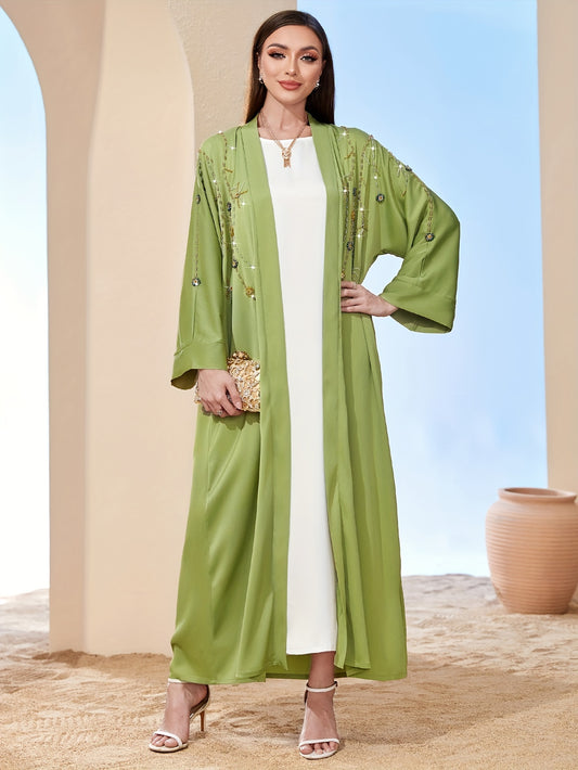 Rhinestone Long Sleeve Modest Dress, Elegant Open Front Abaya Loose Ankle Dress For Spring & Fall, Women's Clothing