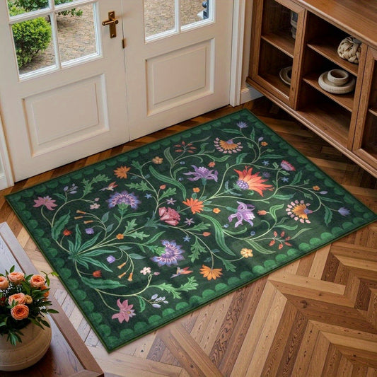 Boho Floral Green Kitchen Rug for Entrance Washable Doormat Indoor Entrance Small Soft Non Slip Indoor Rug for Bathroom Laundry Room (Forest Green)