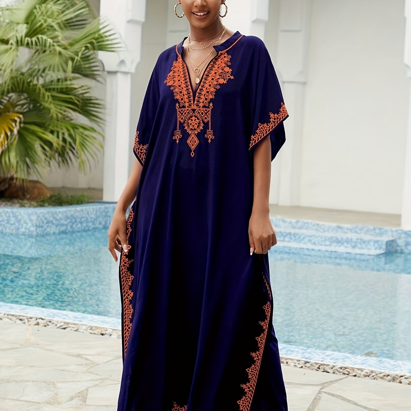 Batwing Sleeve House Kaftan Dress | Embroidery Batwing Sleeve House Kaftan Dress