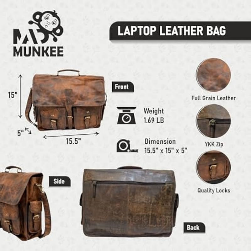 Genuine Leather Laptop Bag for Men - Stylish and Spacious 15.5 x 15 x 5 Briefcase - Professional and Luxurious Satchel for Work Travel Business and Office Use - Brown