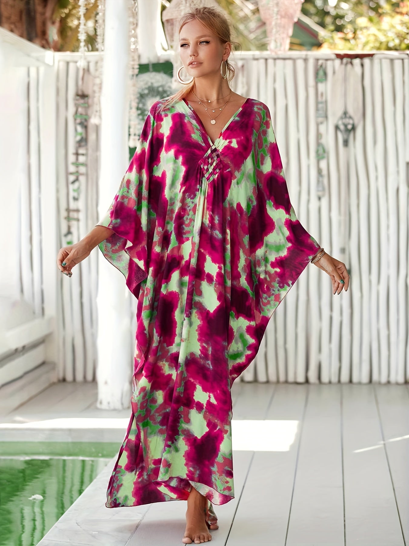 Plus Size, 2023 Boho Printed Loose Beach Dress Casual V-neck Batwing Sleeve Side Split Maxi Dresses Women Summer Clothing Long Kaftan Q1297