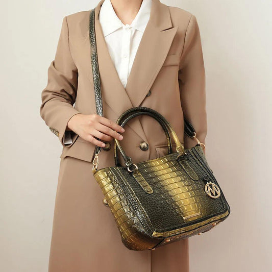 Croc-Embossed Leather Satchel Bag with Wallet – Elegant Gradient Green to Golden Design, Detachable Shoulder Strap, Zip Closure