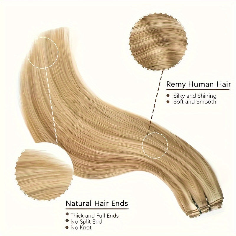 Straight Clip In Hair Extensions 8pcs With 18 Clips Real Human Hair Clip Ins For Women Double Weft Clip In Human Hair Extensions #12/613 Light Brown Mix Bleach Blonde Remy Hair Extension