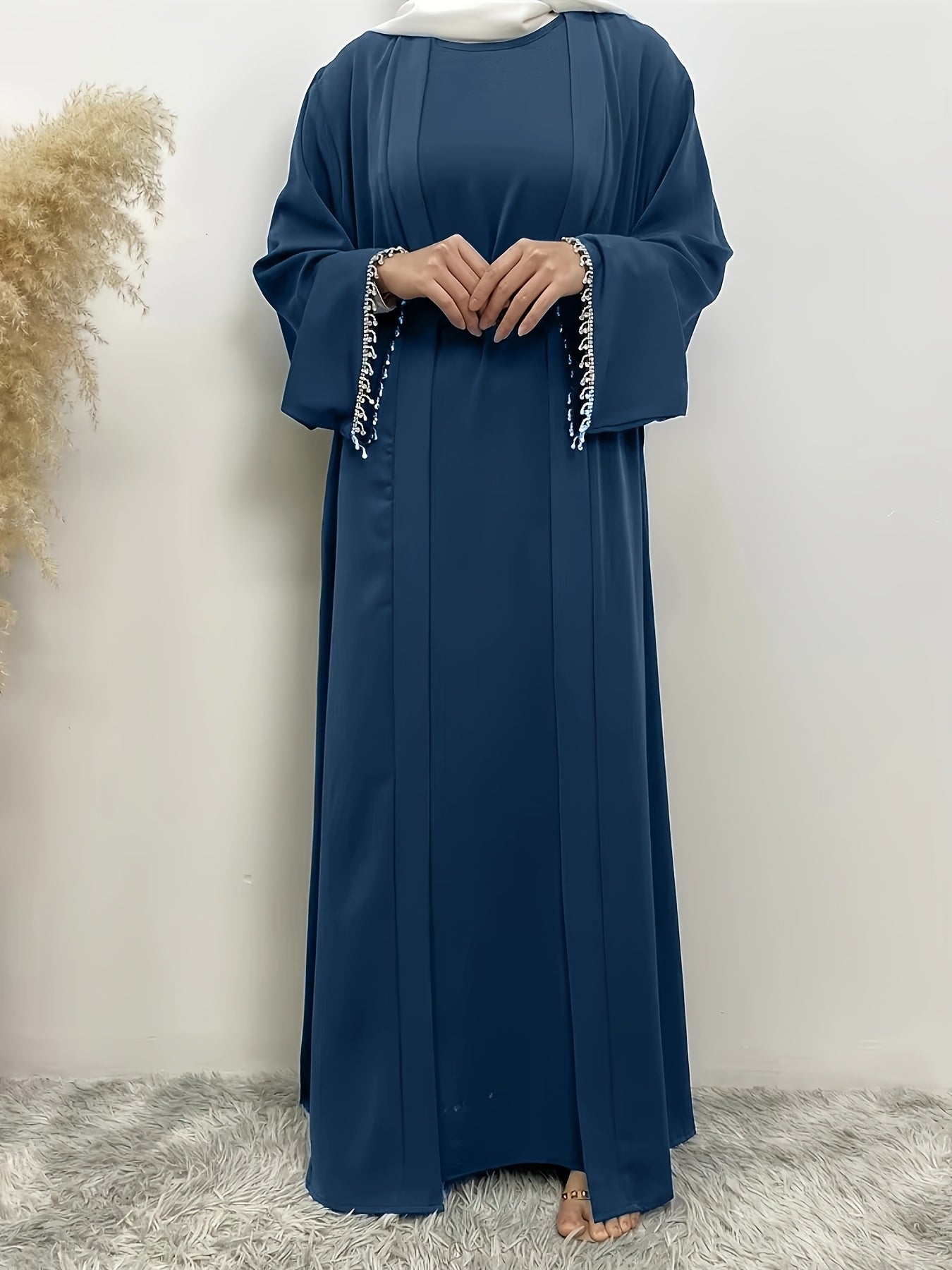 Ramadan Muslim Pakistani Abaya Women's 2pcs Set Rhinestone Open Front Hijab Dress Dubai Kaftan