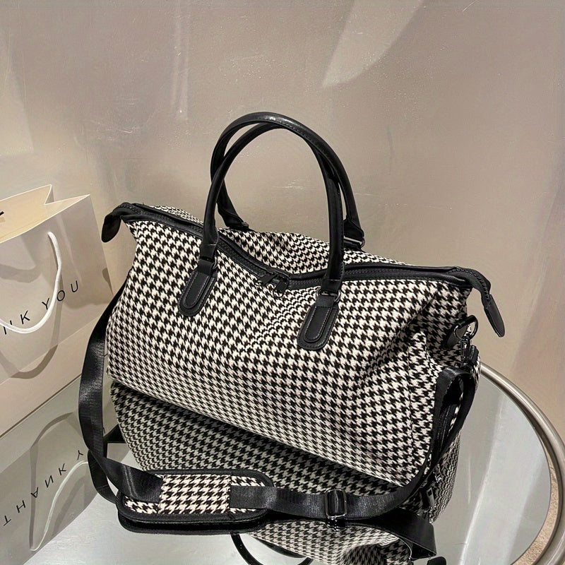 Large Capacity Houndstooth Pattern Sports Bag, Versatile Travel Duffel Luggage Handbag, Trendy Overnight Bag