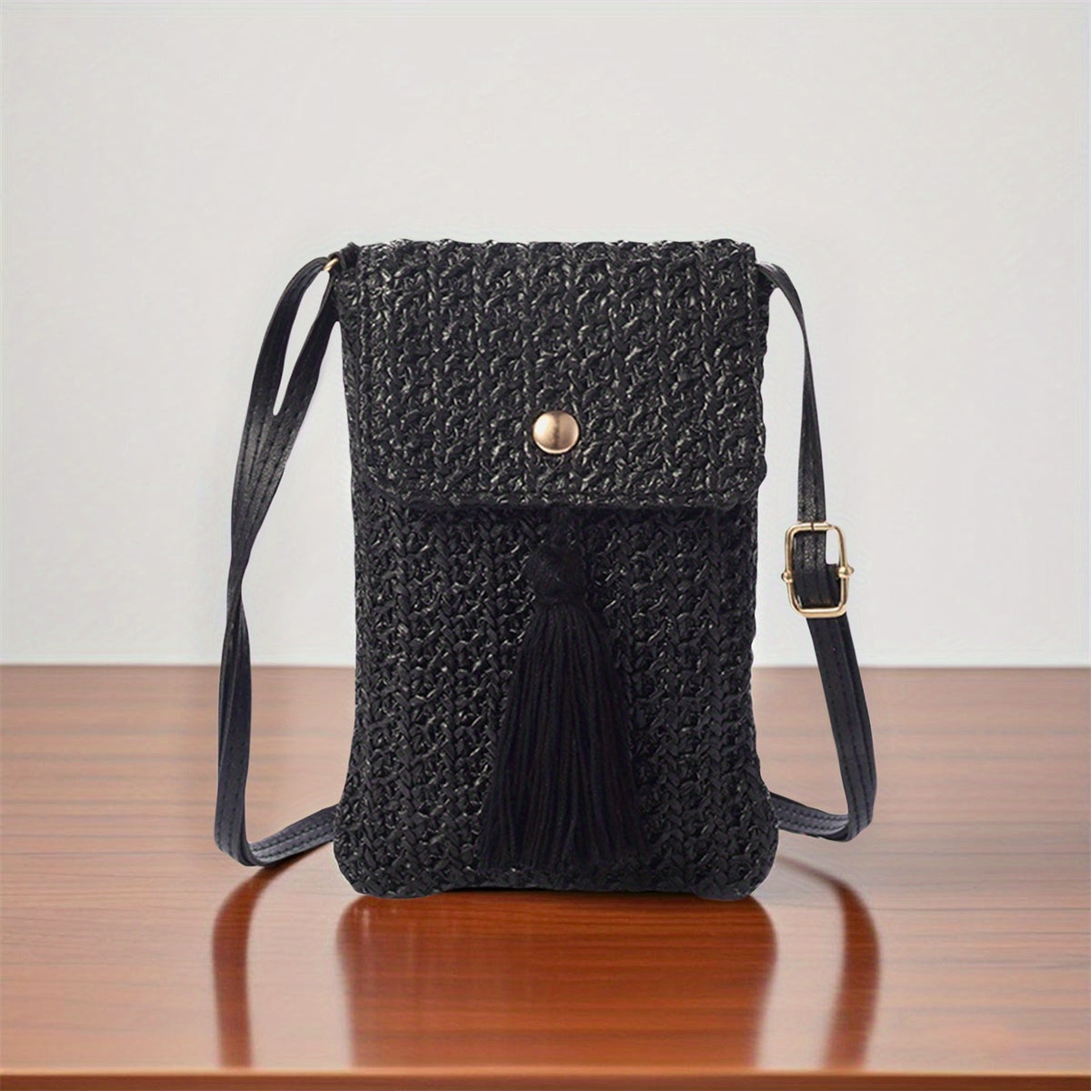 Women's Chic Beige Woven Crochet Crossbody Bag with Adjustable Strap, Tassel Detail & Magnetic Closure - Lightweight Fabric Phone Purse