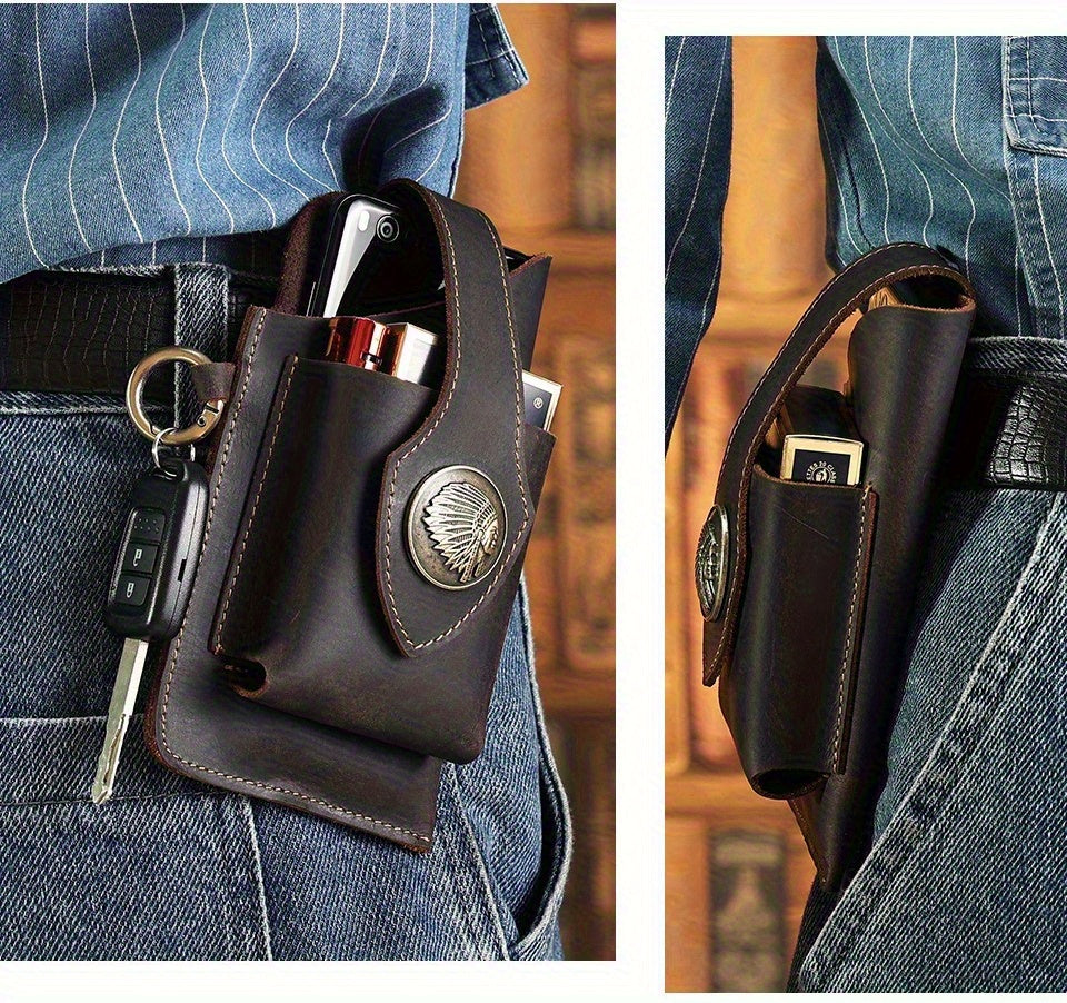 Men's Genuine Leather Mobile Phone Key Waist Bag Creative Vegetable Tanned Leather Waist Bag Men Wear Belt Tactical Waist Bag