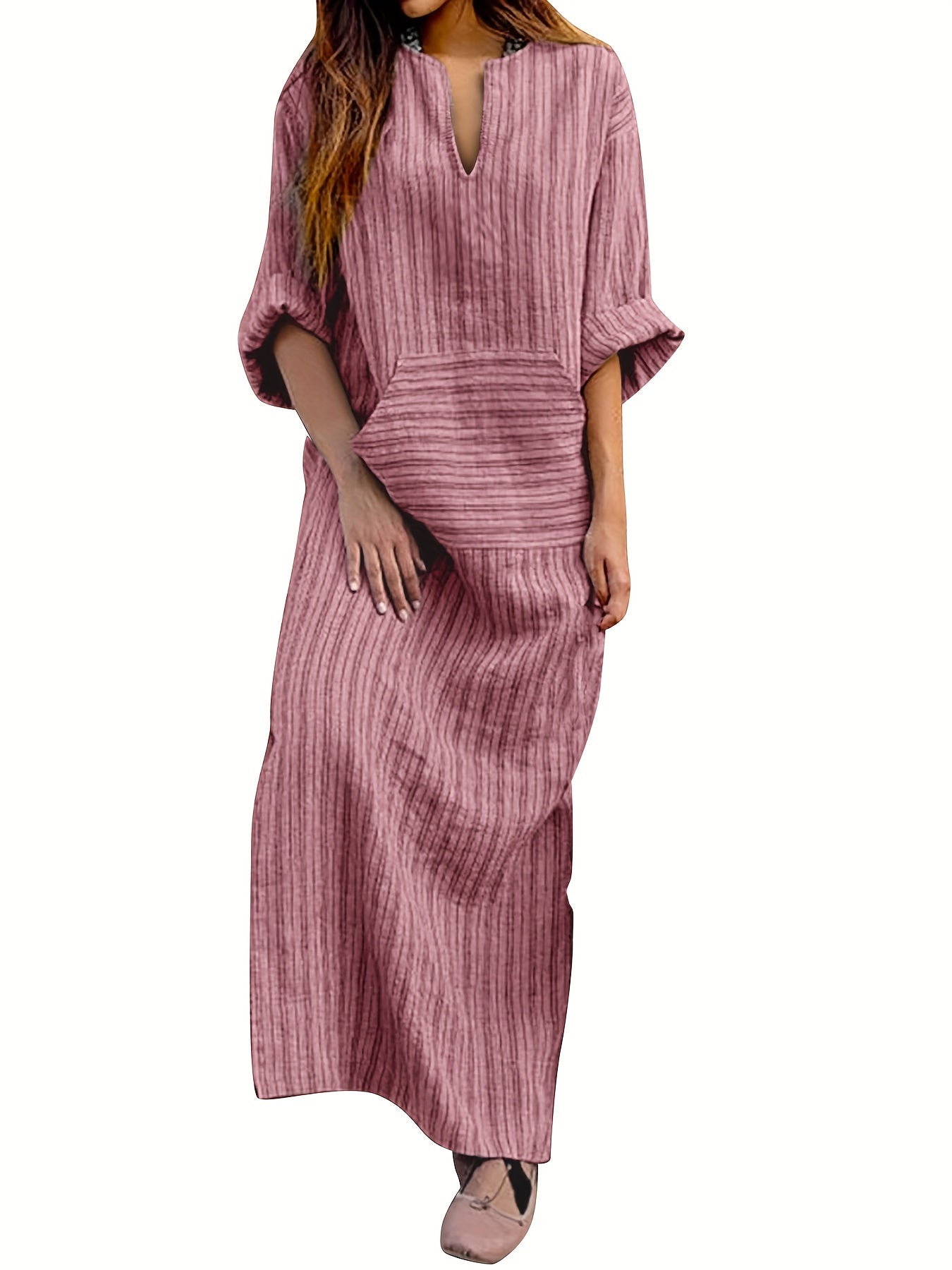 Women's Loose Dresses Striped V Neck Caftans 3/4 Sleeve Casual Loose Maxi Beach Dress with Pockets