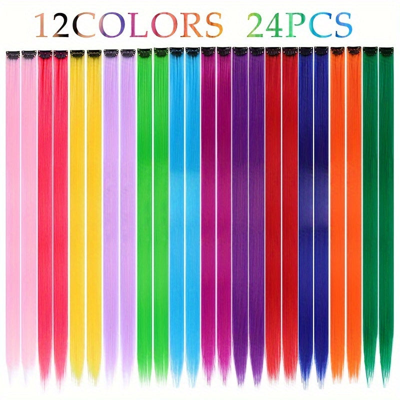 [Mixed Color Hair Extensions] 24pcs Mixed Color Clip-In Hair Extensions Set | 55.88cm Straight Synthetic Hairpieces for Women, High Temperature Fiber, Fashionable for Parties, Halloween & Cosplay
