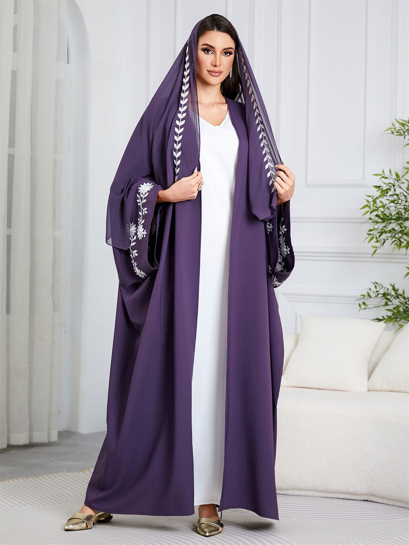 Purple & White Elegant Dubai Floral Open Abaya Hijab Set - Kaftan Dress with Batwing Sleeves, Loose Fit for Women | All Seasons, Floral Design, Texture
