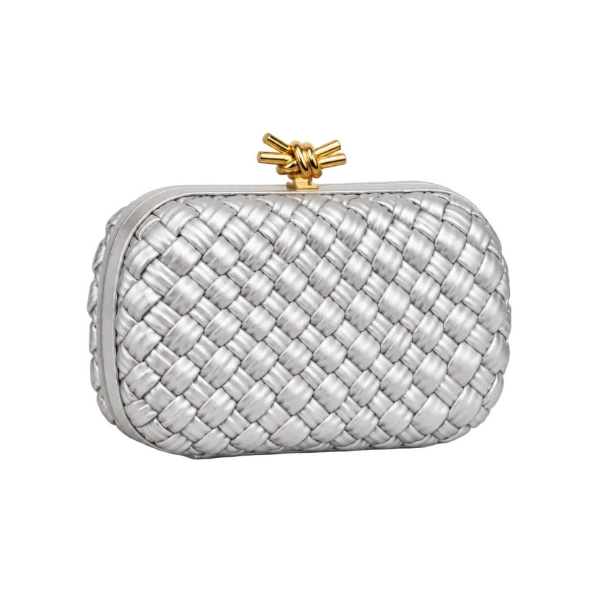 Silver Woven Clutch With Golden Knot