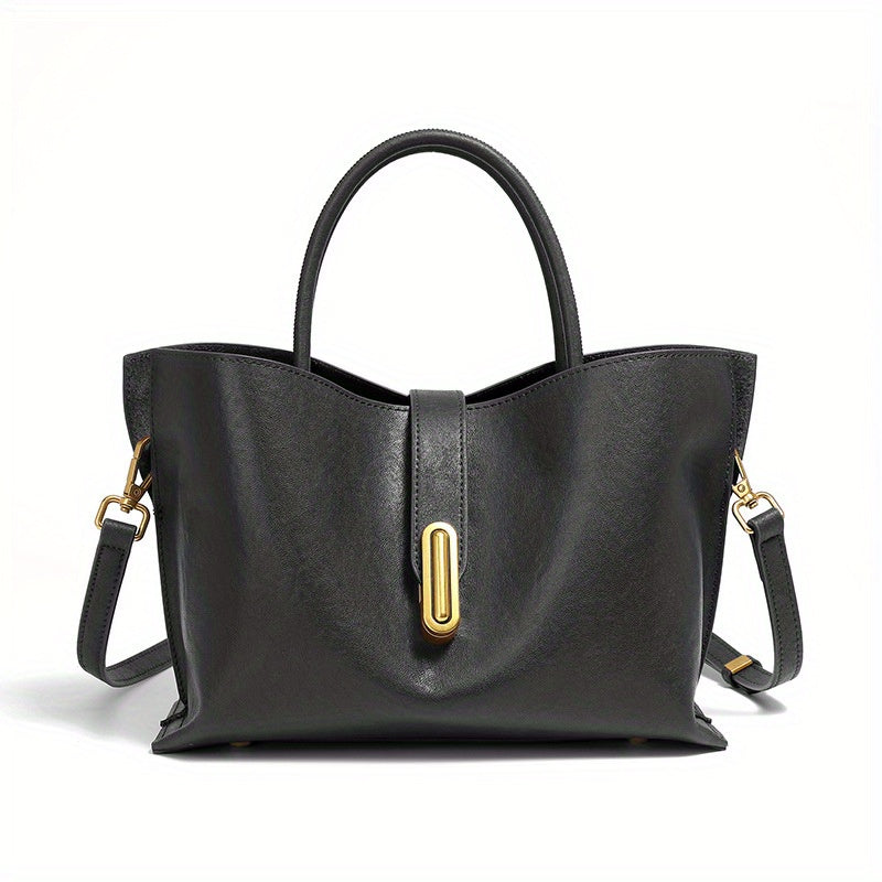 Genuine Leather Women's Crossbody Tote Bag - Vintage Style with Golden-Tone Buckle Closure