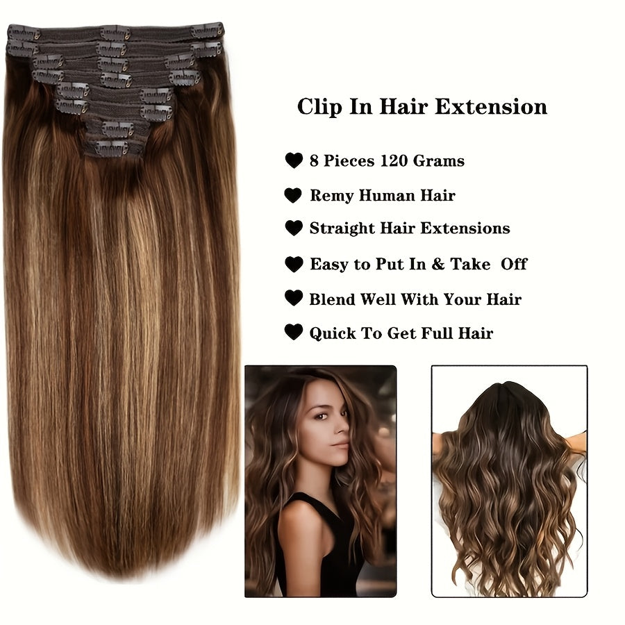8pcs Brazilian 100% Human Hair Hair Extensions with 18 Clips In - #4/27 Highlight Straight Hair Suitable for Women, Highlights, Volume & Length, 4/27 Color Match for Afro Hair