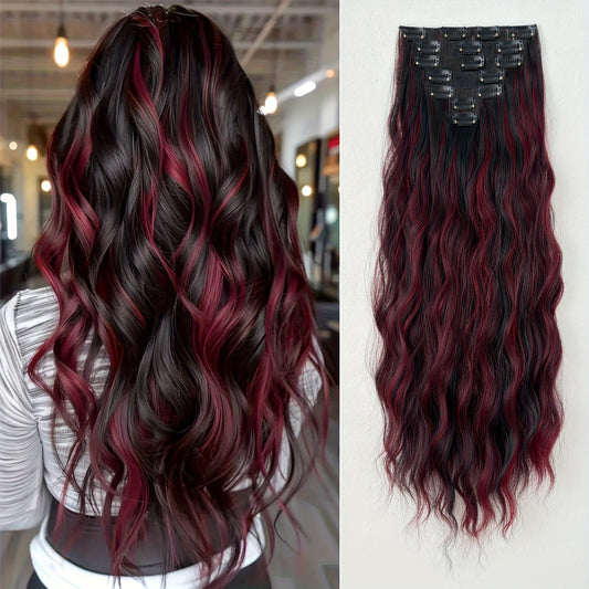 24 Inch Long, Easy to Apply, Heat Resistant Clip-in Hair Extensions, 7pcs Curly Wave Synthetic Hairpiece, Black Brown for Women, Party Ready, No Tools Required