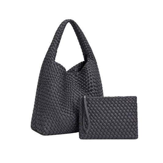 Charcoal Woven Hobo Bag With Pouch