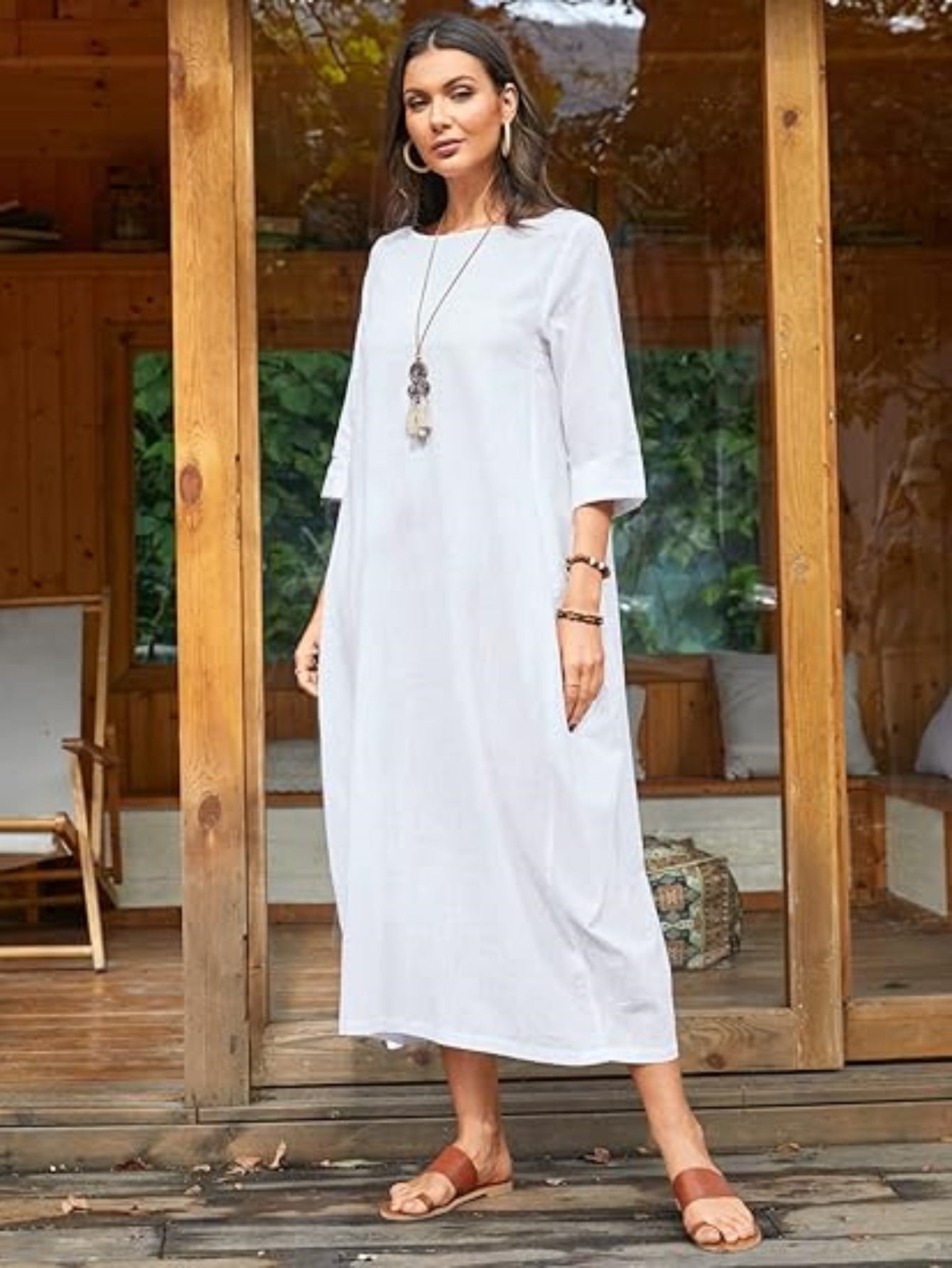 Women'S Elegant Long Dress Caftan Gown - Flowy A-Line Maxi Dress, Soft Everyday & Formal Outfit for Women, All-Season Casual to Formal Events, Versatile Clothing, Round Neckline, Comfortable Wear, Event Attire, Simple Design,
