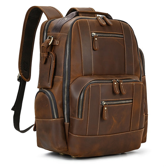[Vintage Leather Backpack] Brown Genuine Leather Large Capacity Laptop Backpack | Vintage Men's Multi-Compartment Travel Backpack with Adjustable Padded Straps