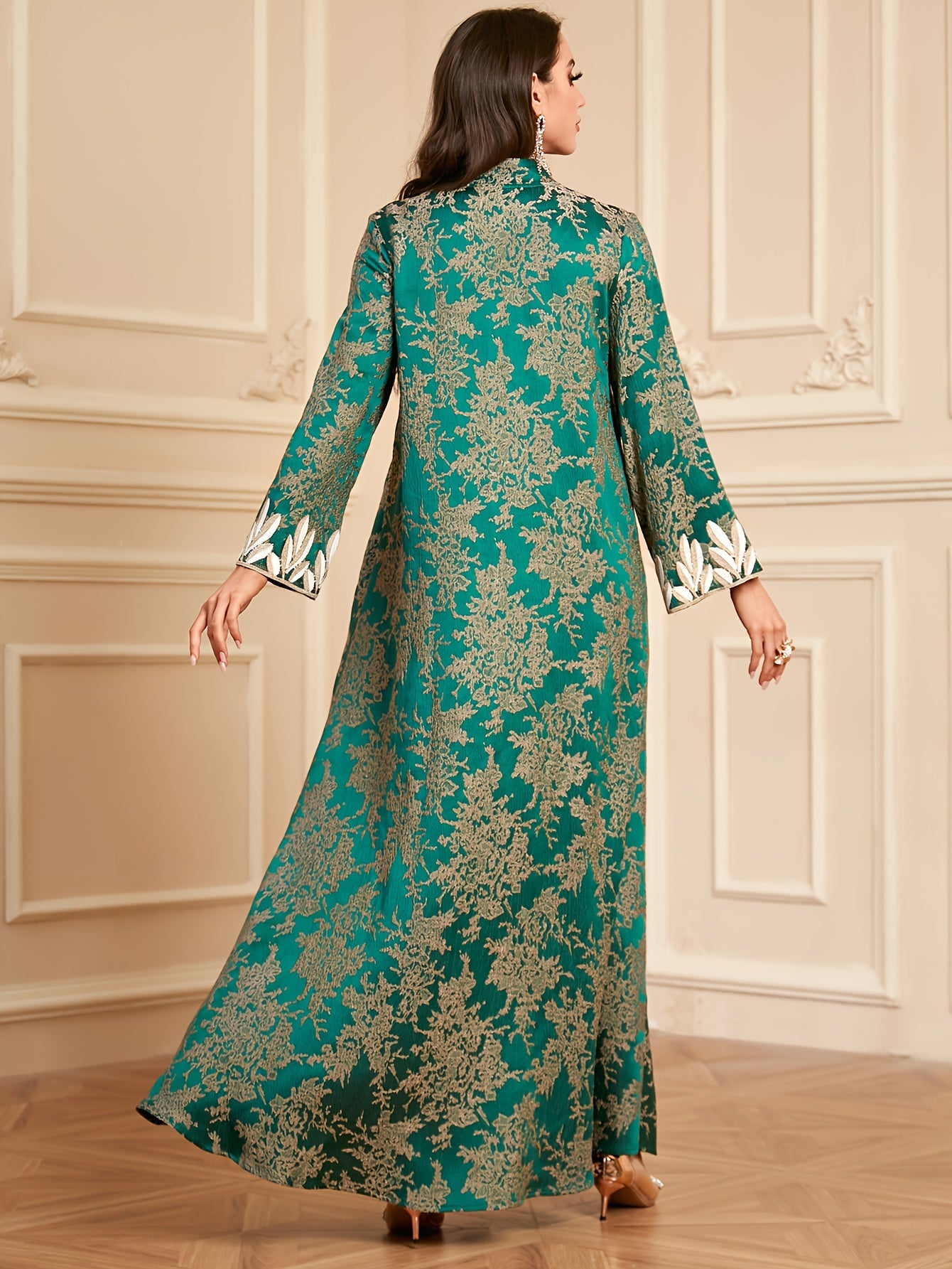 Elegant Green Floral Embroidered Long Sleeve Maxi Kaftan Abaya Dress - Polyester, Machine Washable, Non-Stretch Fabric for All Seasons